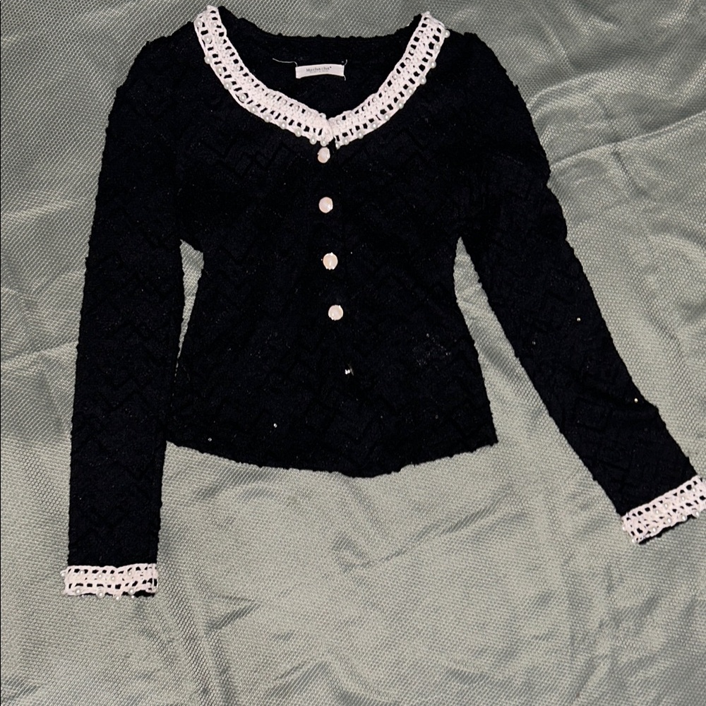 Elegant Black Cardigan with White Trim